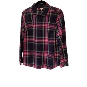 Talbots Petite Plaid Button Down Shirt MP Pink Gray Green Black Grunge